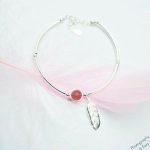 Charm Armbanden Tibetaanse Sliver Roze Kristallen Stenen Veer Blad Armband Vrouwelijke Natuurlijke Aardbei Sieraden Mode