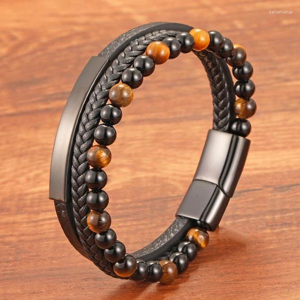 Pulseras con dijes Pulsera de cuentas de cuero de piedra de ojo de tigre con cierre magnético de acero inoxidable Joyería Ansiedad Alivio del estrés Regalo para hombres