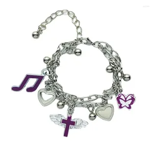 Bracelets de charme Bracelet en acier titane-acier avec croix violette-amour Note papillon double couche chaîne bracelet pour les femmes