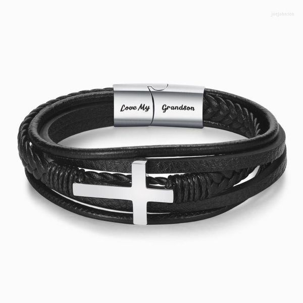 Bracelets porte-bonheur à mon petit-fils Bracelet en cuir hommes véritable fermoir en acier inoxydable main Homme choisir de beaux cadeaux de noël