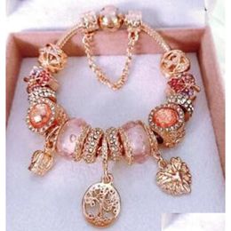 Bedelarmbanden Topkwaliteit Rose Goud Roze Sier Kralen Murano Glas Hart Kristal Vlinder Past Europese Charms Veiligheidsketting Sieraden D Dhamc