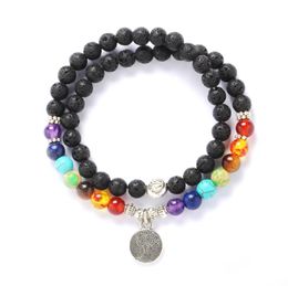 Pulseras de encanto ￁rbol de vida 6 mm Chakra Chakra Chakra Chakra Chakra Black Lava Stone Pulscan Volcan Beads Aromaterapia Difusor de aceite esencial para mujeres Dhhxe