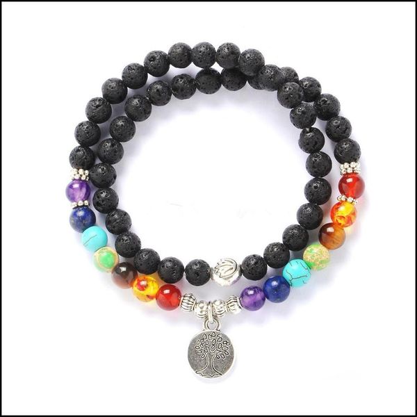 Pulseras con dijes Árbol de la vida 6 mm Charms de chakra Pulsera de piedra de lava negra Cuentas de volcán Aromaterapia Difusor de aceite esencial para mujeres DHB4O