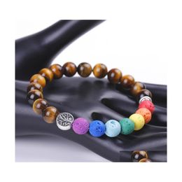 Bedelarmbanden Boom van het leven 8 mm 7 Chakra's Charms Bracelet Lava Stone Blue Purple Stripe India Kralen Essenti￫le olie Diffuser Yoga Jood Dh5nx