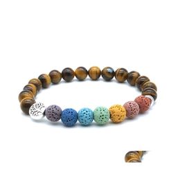 Pulseras con dijes Árbol de la vida 8Mm Siete Chakras Pulsera Piedra de lava Ojo de tigre Lapis Lazi Con cuentas Difusor de aceite esencial Joyería de yoga D Dhjwt