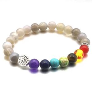 Pulseras de encanto Árbol de vida 8 mm Siete Chakras Blas de piedra gris Pulseras elásticas Pray Roles de mano con cuentas Joyas Drop entregada Dhimy