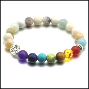 Pulseras con dijes Árbol de la vida 8 mm Siete chakras Cuentas de piedra de Amazon Pulsera elástica Orar Cuerdas de mano con cuentas Joyería Entrega de gotas 202 Dhft4