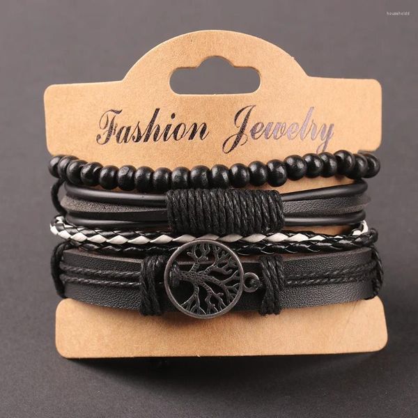 Pulseras con dijes Árbol de la vida Accesorios de aleación Conjunto de cuatro combinaciones Pulsera de cuero para hombres Cuentas de madera Adorno tejido a mano