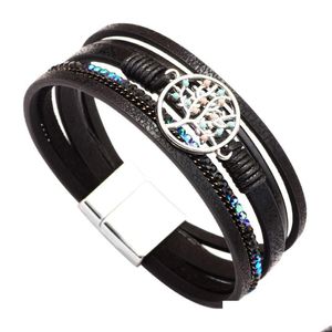 Bedelarmbanden Levensboomarmband Magnetische gesp Pu-leer Gevlochten Mtilayer Wrap Polsband Bangle Cuff Mode-sieraden Voor Dro