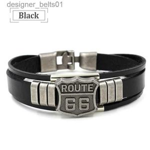 Bracelets de charme Tren American Route 66 Bracelet à motif imprimé Bracelet pour hommes en métal multicouche Bracelet en cuir accessoires nouveau bijoux de fête L231214