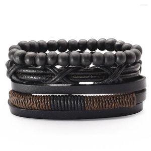 Bracelets porte-bonheur à la mode 4 pièces/ensemble en cuir noir tissage perles PU pour femmes hommes Femme Homme bijoux masculins