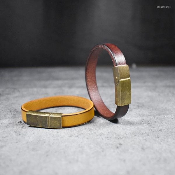 Bracelets de charme Bracelet en cuir véritable marron à la mode pour hommes Anitque en acier inoxydable boucle magnétique femmes bijoux en gros