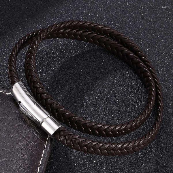 Bracelets de charme Bracelet en cuir marron à la mode hommes fermoir en acier inoxydable multicouche tresse corde chaîne mâle bracelet Vintage cadeau FR741