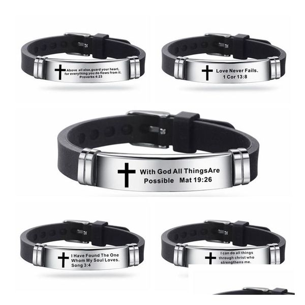 Pulseras con dijes Cruz de moda Cita de las Escrituras de Jesús Pulsera Versículo de la Biblia cristiana Fe inspiradora Pulsera de acero inoxidable Sile Dro Dhdrp