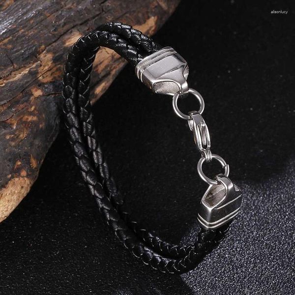 Brazaletes Charmets modernos de doble capa pulsera de cuero trenzado negro broche de langosta de acero inoxidable para mujeres joyas simples sp1091