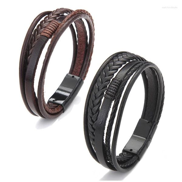 Bracelets de charme Bracelet en cuir véritable à la mode pour hommes, corde tressée multicouche, fermoir magnétique en acier inoxydable, bijoux pour hommes