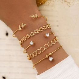 Bracelets de charme Ensemble de bracelets de chaîne à maillons géométriques à la mode pour femmes strass couleur or feuilles coeur pendentif manchette ouverte bracelet filles bijoux 231027