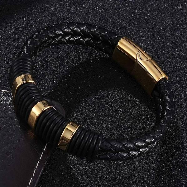 Bracelets de charme Bijoux à la mode Noir Double Cuir tressé pour hommes Couleur Or Acier inoxydable Fermoir magnétique Bracelets masculins Cadeau SP0777