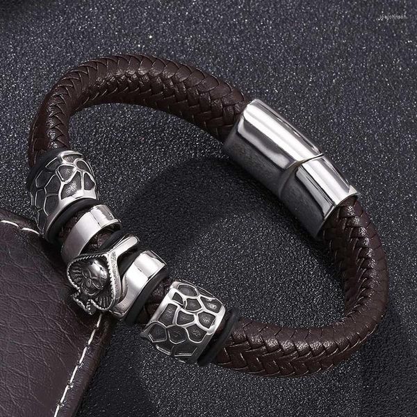 Bracelets porte-bonheur bijoux à la mode hommes marron cuir tressé Bracelet Punk acier inoxydable pique crâne fermoir magnétique homme Bracelete breloques