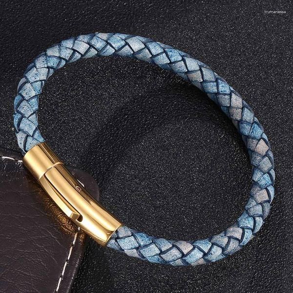 Charme Bracelets Bijoux À La Mode Hommes Femmes Bleu Bracelet En Cuir Tressé Mâle Femelle Bracelet En Acier Inoxydable Fermoir Unisexe Bracelet SP0466 Raym