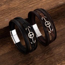 Bracelets de charme en cuir à la mode hommes en acier multicouche marque de paix corde tressée pour bijoux masculins Pulsera Hombre cadeaux