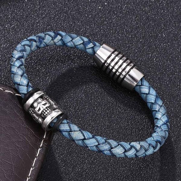 Charme Bracelets À La Mode Hommes Bleu Tressé En Cuir Véritable Crâne De Mode En Acier Inoxydable Magnétique Fermoir Bracelets Mâle Bracelet Cadeau BB198