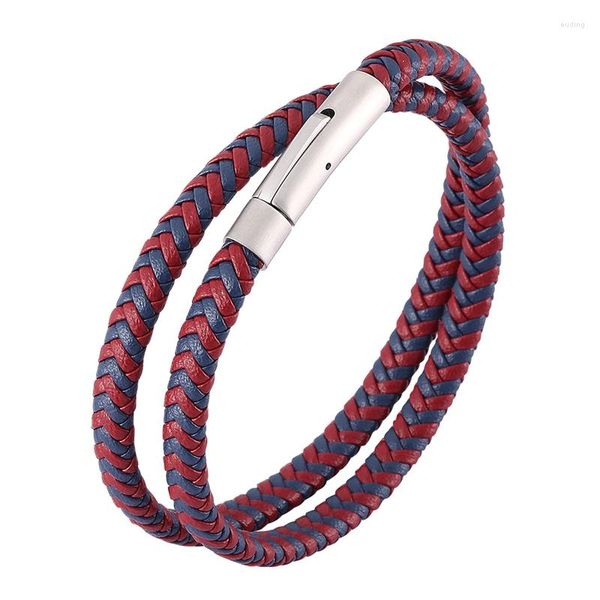 Pulseras de encanto Moda Hombres Mujeres Joyería Rojo Azul Multicapa Pulsera de cuero trenzado Hebilla de acero inoxidable Brazaletes de moda Regalo SP0495