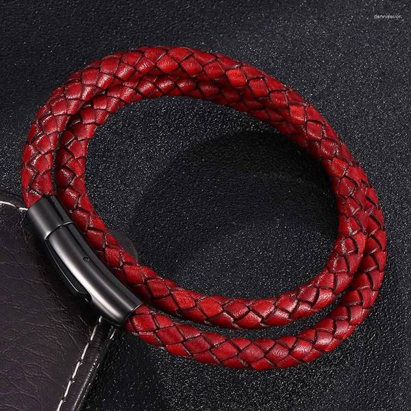 Pulseras de encanto Moda Hombres Mujeres Rojo Cuero genuino Pulsera trenzada Punk Moda Hebilla de acero Pulsera Regalo FR0488