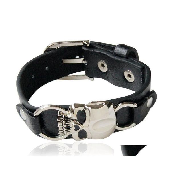 Bracelets De Charme À La Mode Hommes Vélo Bracelet En Cuir Europe Punk Vintage Noir Large Skl Squelette Pour Hommes S Mode Bijoux Drop Delivery Ot2Dx