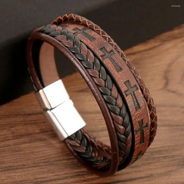 Pulseras de encanto Moda para hombre Cuero Acero inoxidable Cuerda trenzada Adornos Joyería Pulsera Hombre Creencia Cruz