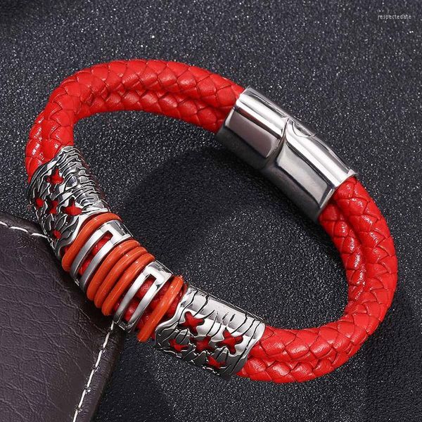 Bracelets à breloques à la mode rouge Double tressé en cuir cordon Bracelet hommes bijoux en acier inoxydable aimant fermoir Bracelet mâle main Bracelet cadeau