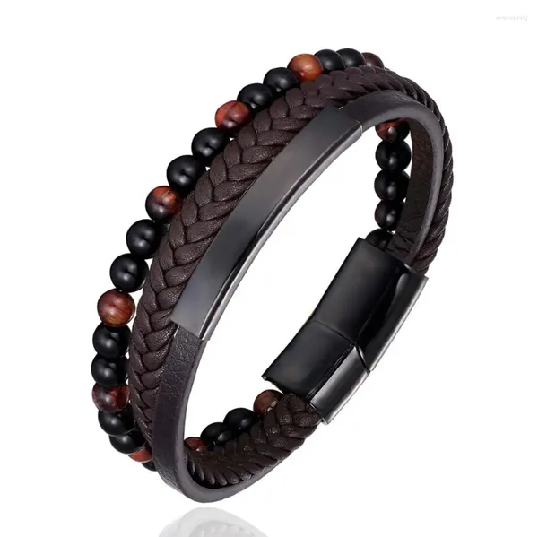 Bracelets de charme à la mode en acier inoxydable 6MM naturel perles d'oeil de tigre bracelet multicouche en cuir femmes hommes bracelet