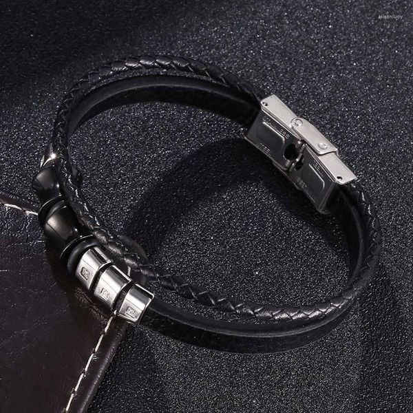 Bracelets porte-bonheur à la mode en acier inoxydable Double couche Bracelet en cuir tressé noir pour hommes bijoux tissé fête Bracelet mâle Bracelet cadeau