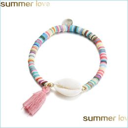 Charm-Armbänder, trendige weiße Muschel-elastisches Armband, böhmische Farbe, klarer Stein, Polymer-Ton-Perlenarmbänder für Frauen, Urlaub, Meere, Dh2Si