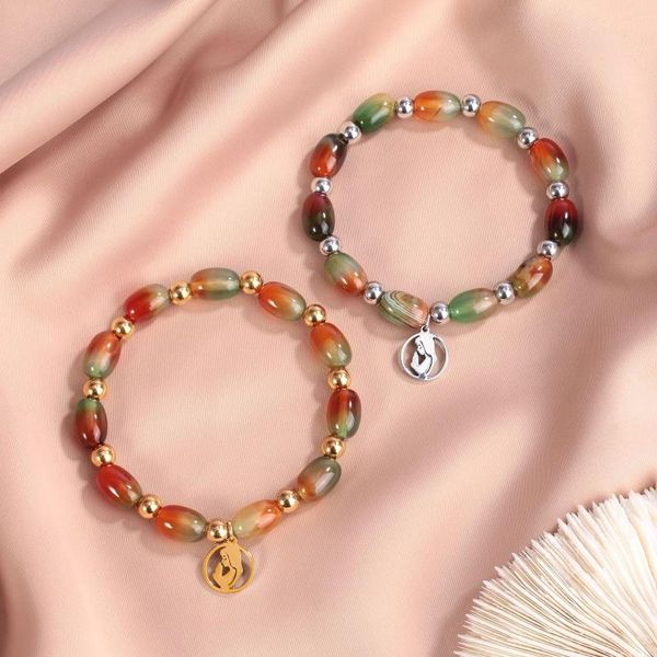 Bracelets porte-bonheur à la mode souhaitant fille motif en acier inoxydable pendentif Agate pierre naturelle ronde perle Bracelet bijoux pour femmes