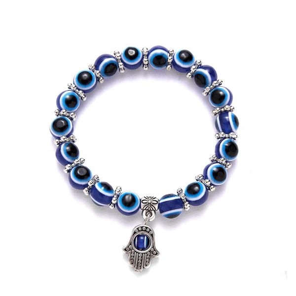 Bracelets de charme Turc Blue Evil Eye Bracelet Palm Charms Résine Ronde Lucky Perle Souhaitant Cordon Élastique Chaîne Dames Bijoux Drop Deli Dhhzh