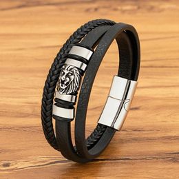 Bedelarmbanden TYO Dierlijk magnetisme Leeuw Geweven Meerlaags echt leer 3 kleuren Roestvrij stalen magneetgesp Herenarmband Punk Bangle