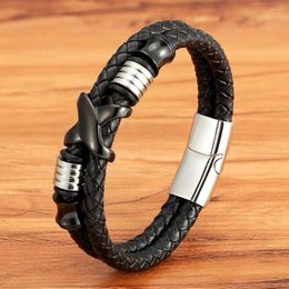 Bedelarmbanden tyo mode punk roestvrijstalen magnetische metaal clasp mannen armband dubbele lagen echte lederen armband sieraden 4 kleuren