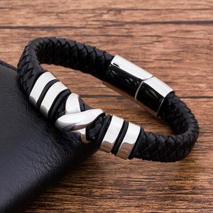 Pulseras con dijes TYO Moda Acero inoxidable Magnético Negro Pulsera de cuero genuino Hombres Cuerda trenzada Joyería de mano Brazaletes mentales al por mayor