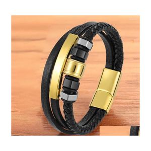 Pulseras con dijes Tyo Mtilayer Trenzado Geométrico Hombres Pulsera de cuero Imán de acero inoxidable Broche Brazaletes Joyería Venta al por mayor Gota Deliv Dhuta