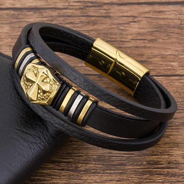 Bracelets porte-bonheur TYO acier inoxydable magnétique multicouche accessoires en gros Bracelet en cuir noir croix hommes bracelets de luxe à la mode