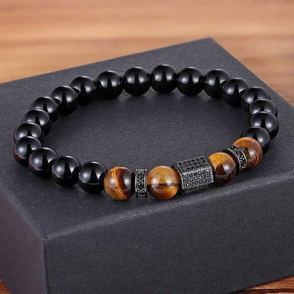 Charm Bracelets TYO Vintage New Design African CZ Charm Stretch 8MM Tiger Eye Shiny Black Beads Pulseras Fabricación DIY para Boy Men's Jewelry AA230403