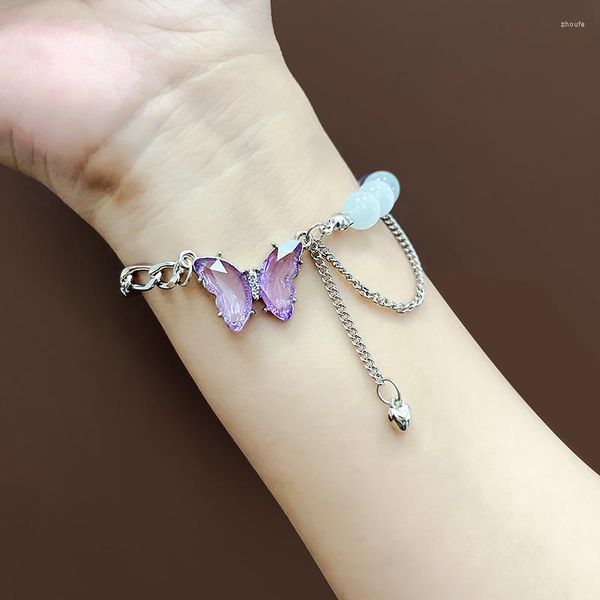 Bracelets porte-bonheur u-magical coréen violet fait à la main papillon asymétrique Bracelet pour femmes doux coeur perlé chaîne bijoux en métal