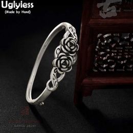 Charme Bracelets Uglyless Real S 990 Bijoux en argent vulcanisé Thai noir argent femmes Vintage bracelets romantique Rose Floral bracelet creux Bijoux L240319