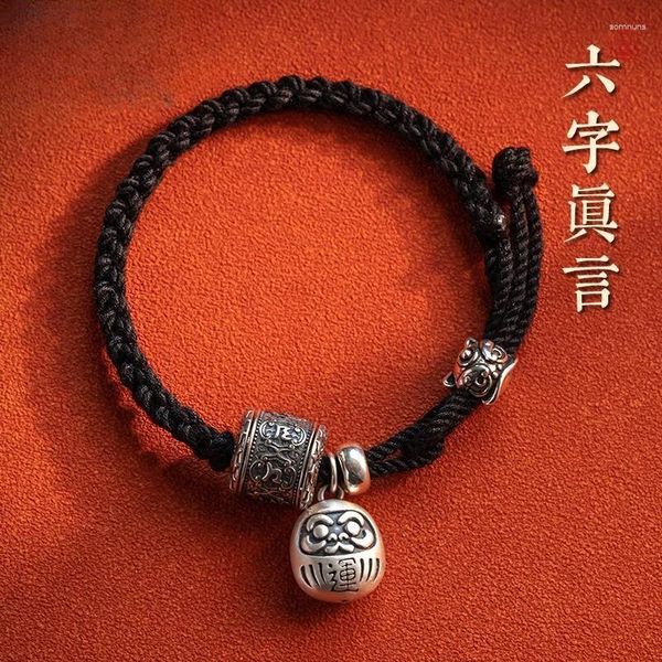 Pulseras de encanto UMQ Original 925 Plata esterlina Seis palabras Mantra Tejido a mano Cuerda de mano negra Hombres y mujeres Joyería de estilo étnico