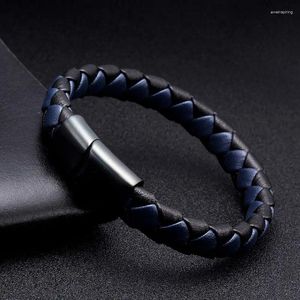 Bracelets de charme Unique tressé bleu véritable cuir hommes Bracelet bracelets de luxe manchette mâle sportif fermoir magnétique bijoux
