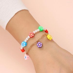 Bedelarmbanden uniek ontwerp boho polymeer klei bloem kralen armband voor vrouwen meisjes verstelbare elastische imitatie parel kralen sieraden