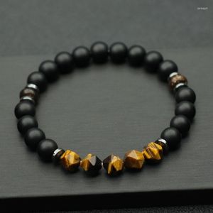 Charm Armbanden Unieke Elastische Armband Mannen 8mm Onyx Zwarte Steen Armband Geometrische Zandsteen Tijgeroog Braslet Vriendje Gift mannelijke