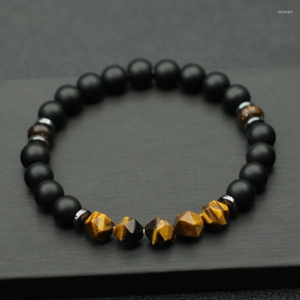 Pulseras con abalorios, pulsera elástica única para hombre, pulsera de piedra negra de ónix de 8mm, pulsera de ojo de tigre de arenisca geométrica, regalo para novio para hombre