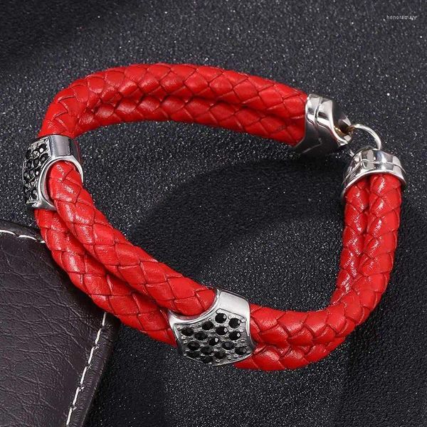 Bracelets de charme bijoux unisexe Bracelet en cuir tressé rouge à corde rouge avec zircon pour femmes hommes en acier inoxydable simple FR0203